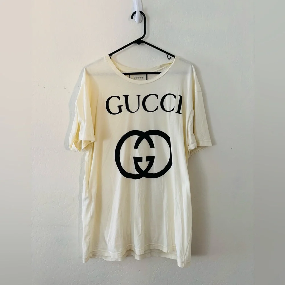 Gucci Cream Logo Print Cotton Oversized Crewneck TShirt Small